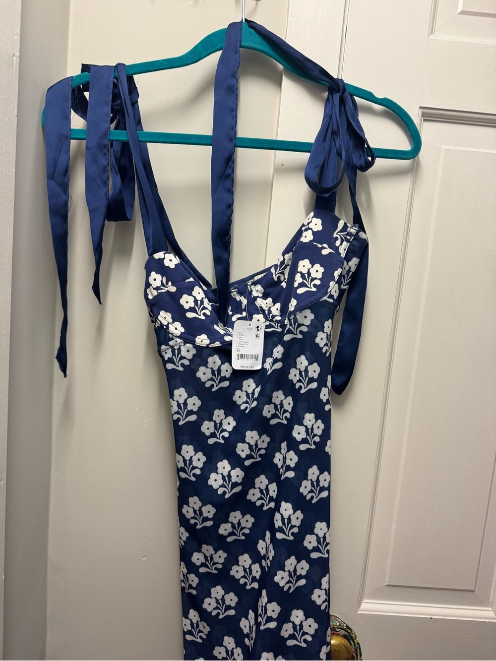 Free People Navy Blue Midi Dress with White Floral Print